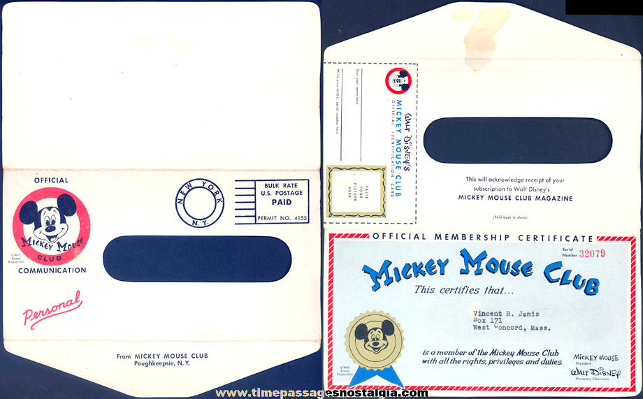1950s Walt Disney Mickey Mouse Club Mailed Certificate & Identification Card