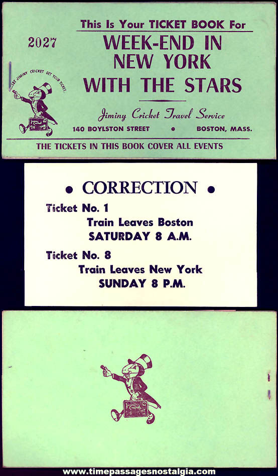 Old Walt Disney Jiminy Cricket Travel Service Weekend In New York With The Stars Ticket Booklet