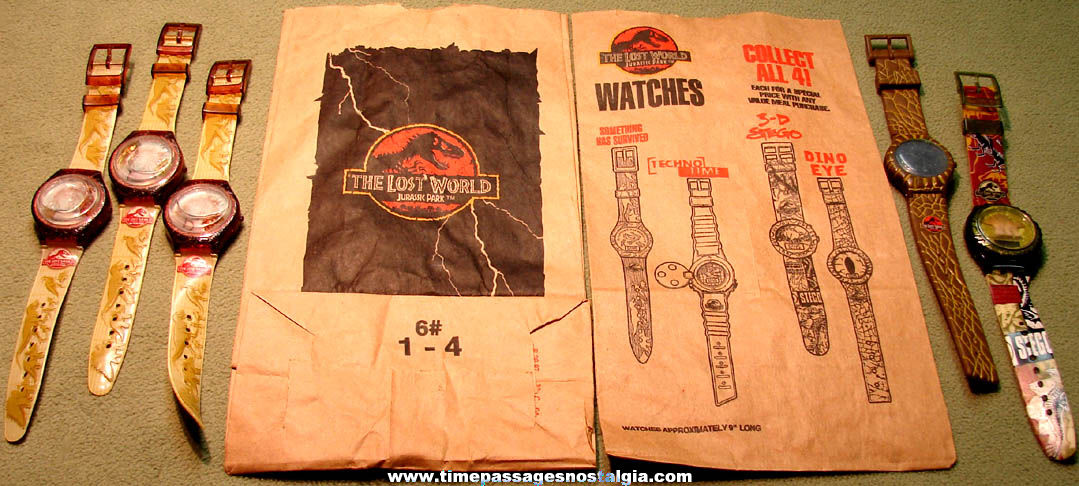 (5) 1997 The Lost World & Burger King Advertising Wrist Watches and Advertising Bags