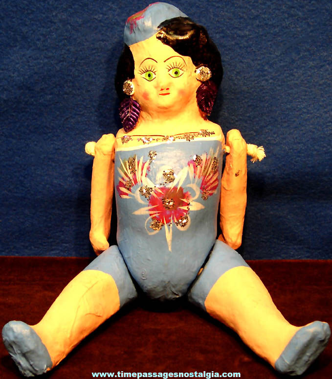Colorful Old Jointed Paper Mache Woman Dancer Novelty Toy Doll or Puppet