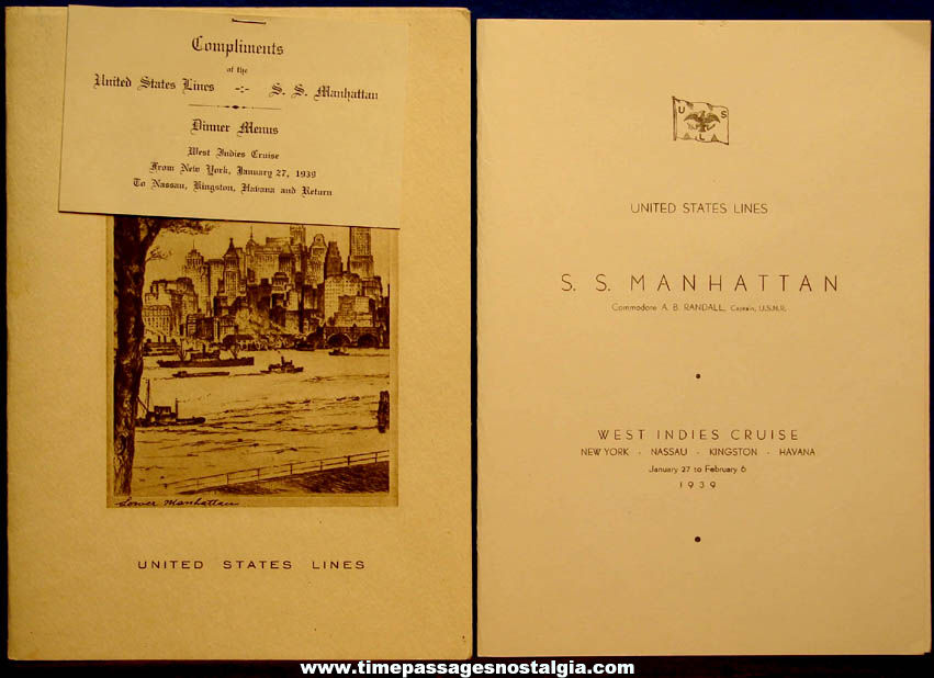 January 27, 1939 United States Lines S. S. Manhattan Ship Advertising Souvenir Menu Booklet & Dinner Ticket