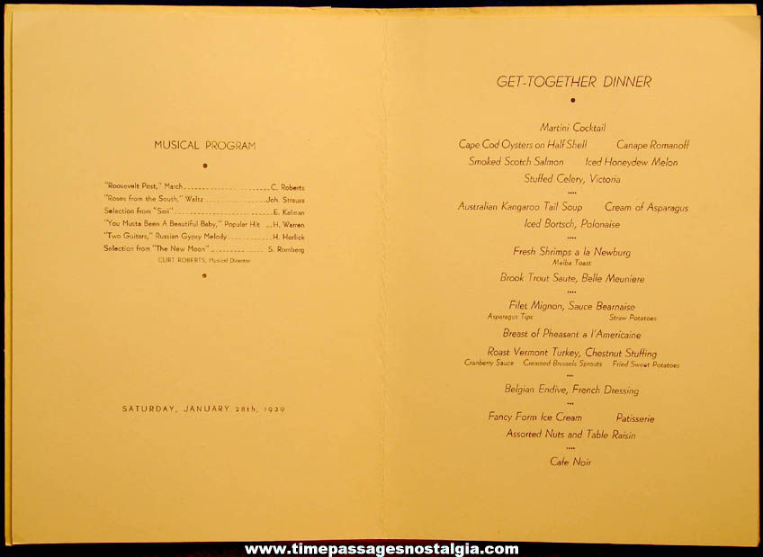 January 27, 1939 United States Lines S. S. Manhattan Ship Advertising Souvenir Menu Booklet & Dinner Ticket