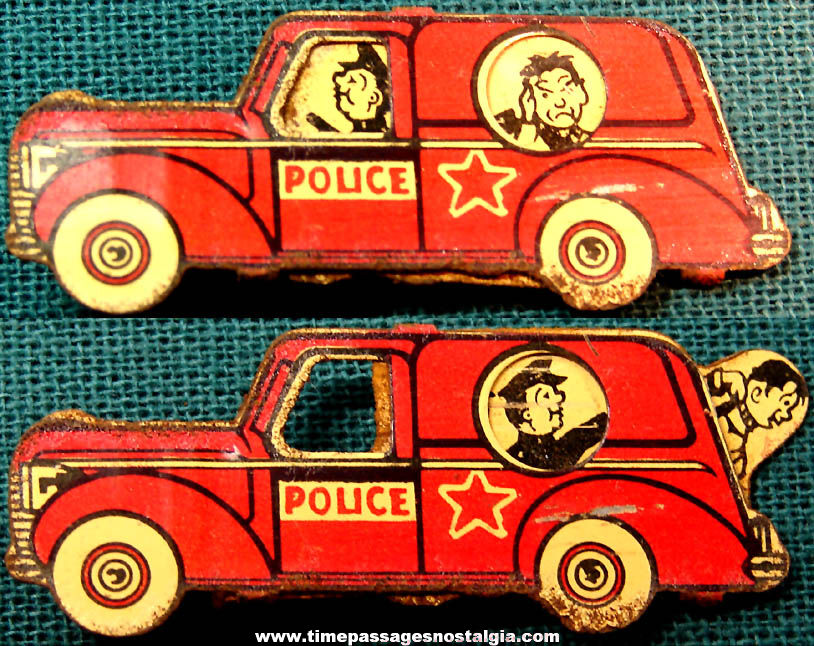 Colorful Old Cracker Jack Pop Corn Confection Lithographed Tin Mechanical Police Car Novelty Toy Prize