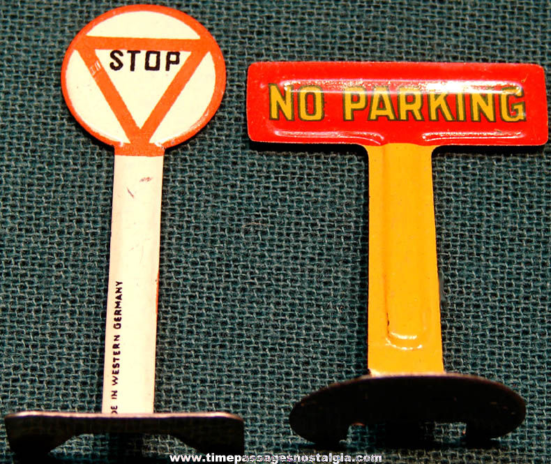 (2) Colorful Old Cracker Jack Pop Corn Confection Lithographed Tin Toy Prize Street or Road Signs