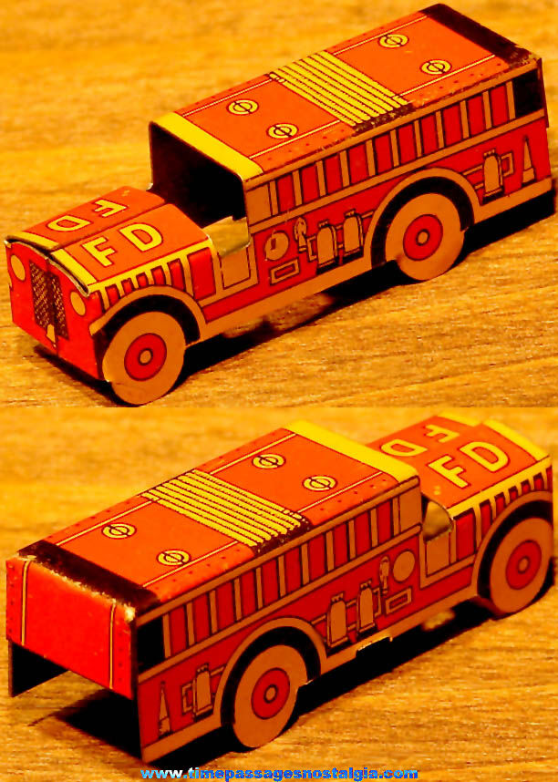 Colorful 1934 Cracker Jack Pop Corn Confection Lithographed Tin Toy Prize Miniature Fire Engine Truck