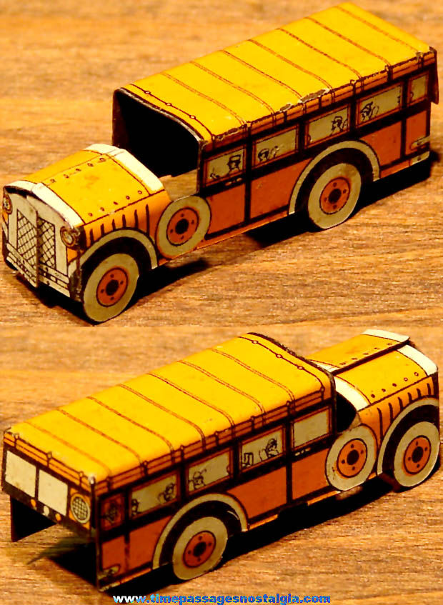 Colorful 1931 Cracker Jack Pop Corn Confection Lithographed Tin Toy Prize Miniature School Bus