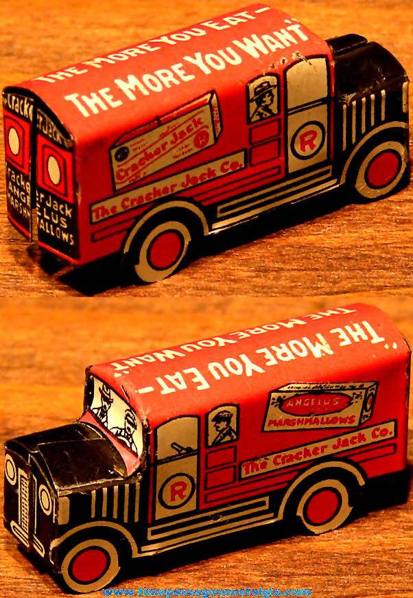 Colorful 1931 Cracker Jack Pop Corn Confection & Angelus Marshmallows Advertising Miniature Lithographed Tin Toy Prize Delivery Truck