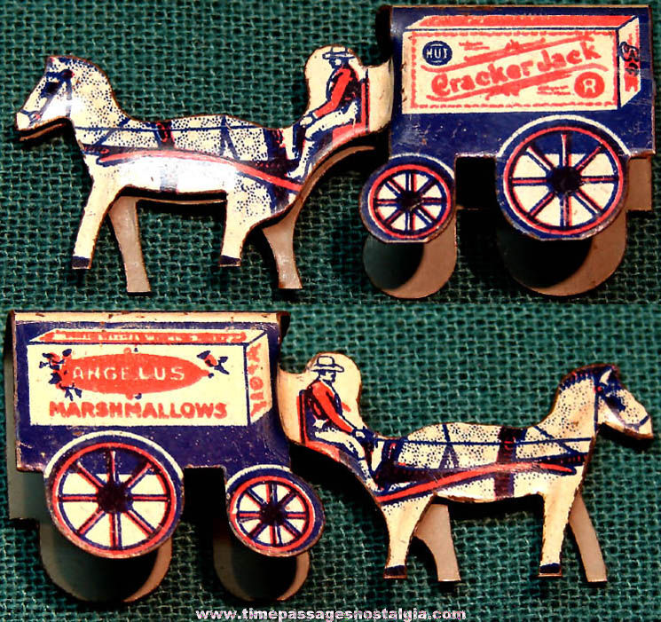 Colorful 1931 Cracker Jack Pop Corn Confection & Angelus Marshmallows Advertising Miniature Lithographed Tin Toy Prize Delivery Horse & Wagon