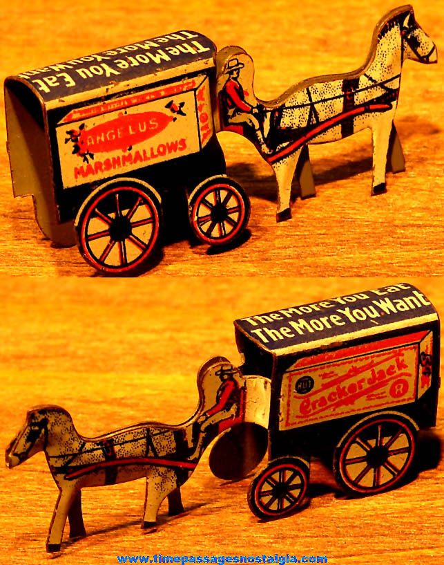 Colorful 1931 Cracker Jack Pop Corn Confection & Angelus Marshmallows Advertising Miniature Lithographed Tin Toy Prize Delivery Horse & Wagon