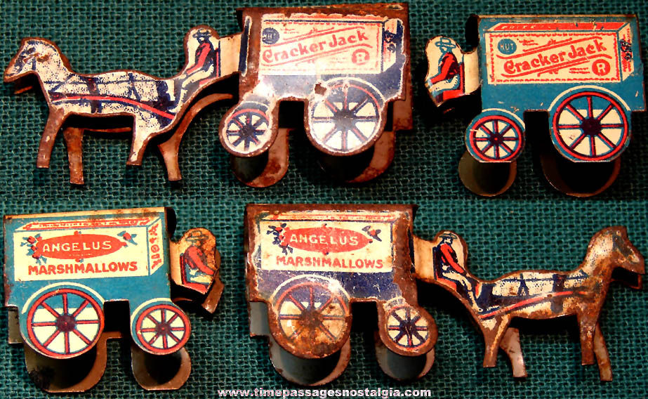 (2) 1931 Cracker Jack Pop Corn Confection & Angelus Marshmallows Advertising Miniature Lithographed Tin Toy Prize Delivery Horse & Wagons