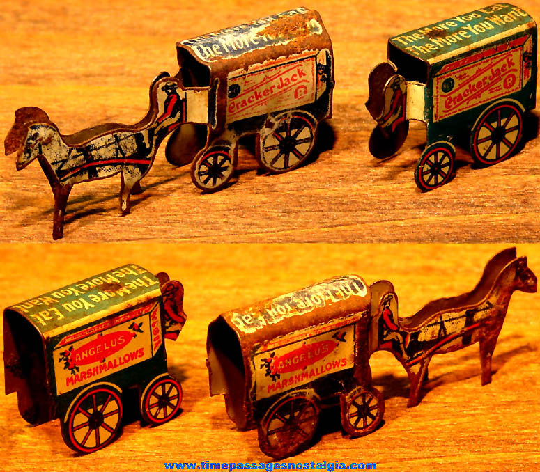 (2) 1931 Cracker Jack Pop Corn Confection & Angelus Marshmallows Advertising Miniature Lithographed Tin Toy Prize Delivery Horse & Wagons