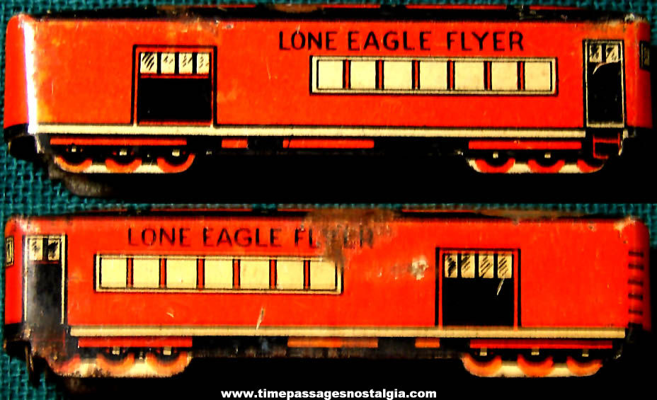 Colorful 1931 Cracker Jack Pop Corn Confection Lithographed Tin Toy Prize Lone Eagle Flyer Train Baggage Car