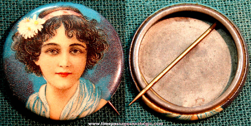 Early 1900s Cracker Jack Pop Corn Confection Pretty Lady Celluloid Toy Prize Pin Back Button