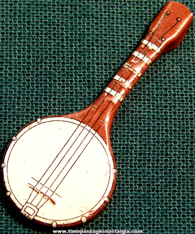 1931 Cracker Jack Pop Corn Confection Miniature Lithographed Tin Toy Prize Banjo Musical Instrument