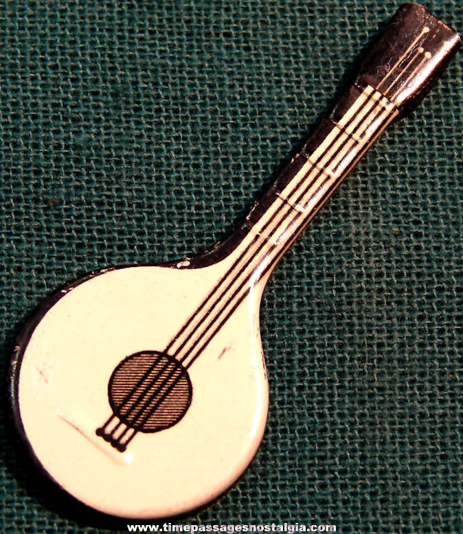1947 Cracker Jack Pop Corn Confection Miniature Lithographed Tin Toy Prize Banjo Musical Instrument