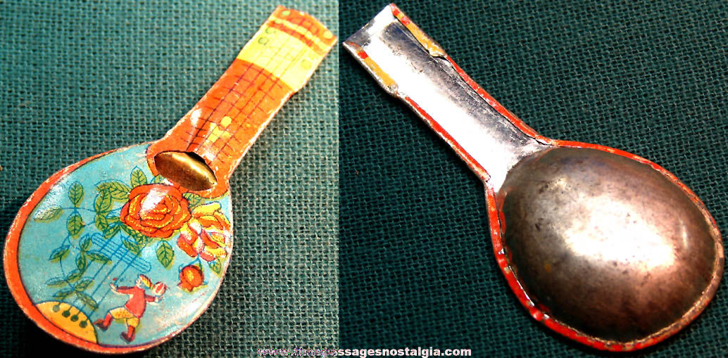 1930s Cracker Jack Pop Corn Confection Miniature Lithographed Tin Toy Prize Mandolin Musical Instrument Whistle