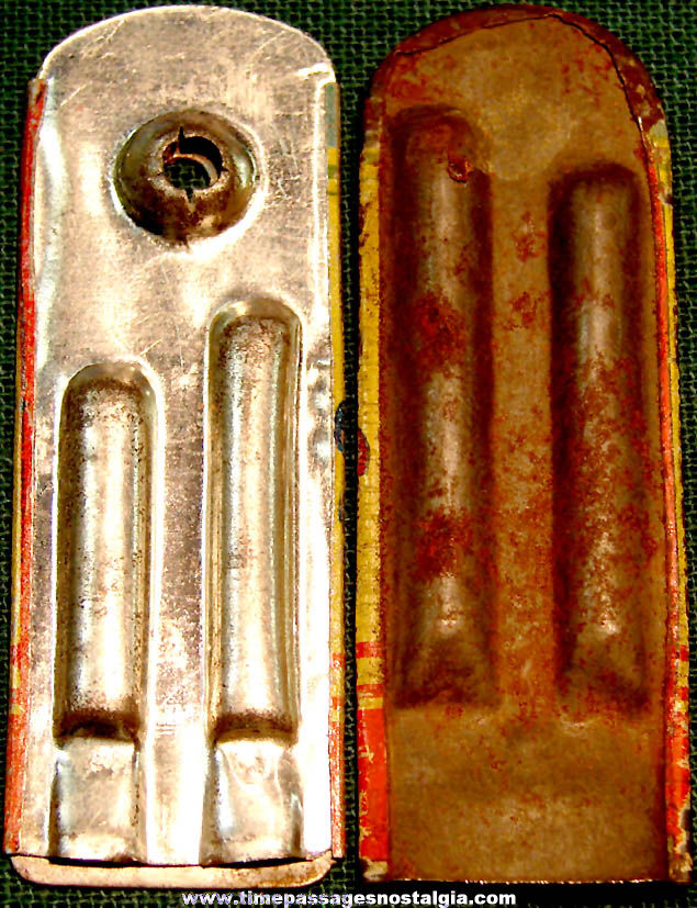 (2) 1920s or 1930s Cracker Jack Pop Corn Confection Lithographed Tin Toy Novelty Prize Two Tone Whistles
