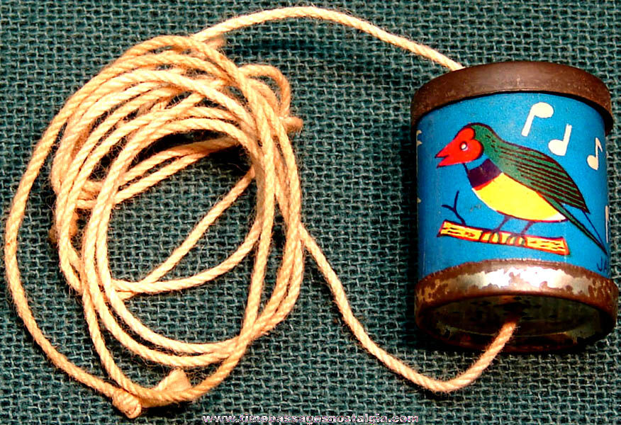 Colorful Old Cracker Jack Pop Corn Confection Lithographed Tin Toy Bird Spinner Whistle Prize