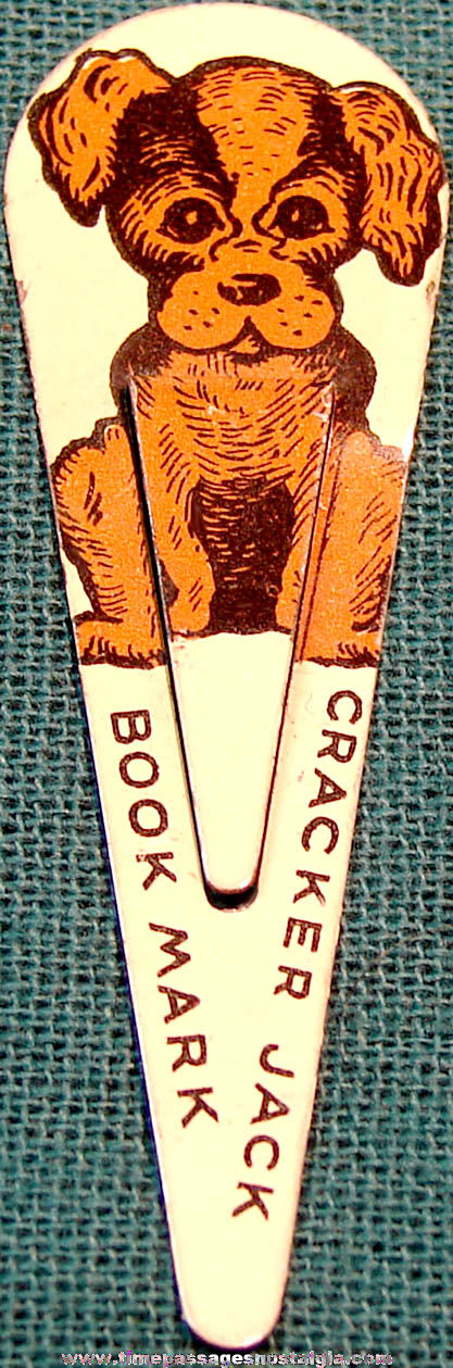 1940s Cracker Jack Pop Corn Confection Lithographed Tin Toy Prize Puppy Dog Book Mark