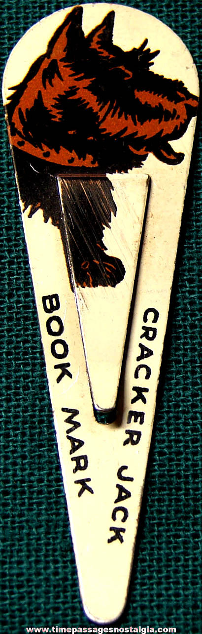 1940s Cracker Jack Pop Corn Confection Lithographed Tin Toy Prize Scottie Dog Book Mark