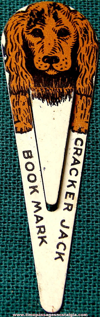 1940s Cracker Jack Pop Corn Confection Lithographed Tin Toy Prize Cocker Spaniel Dog Book Mark