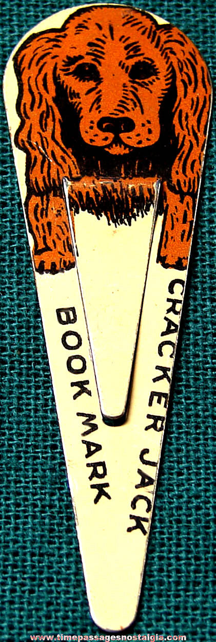 1940s Cracker Jack Pop Corn Confection Lithographed Tin Toy Prize Cocker Spaniel Dog Book Mark