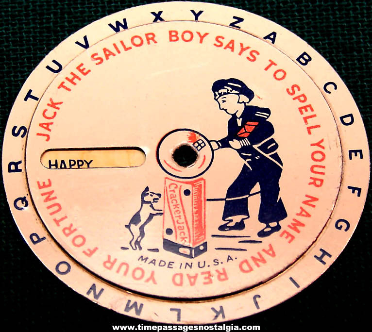 1939 Cracker Jack Pop Corn Confection Advertising Fortune Telling Lithographed Tin Dial Toy Prize