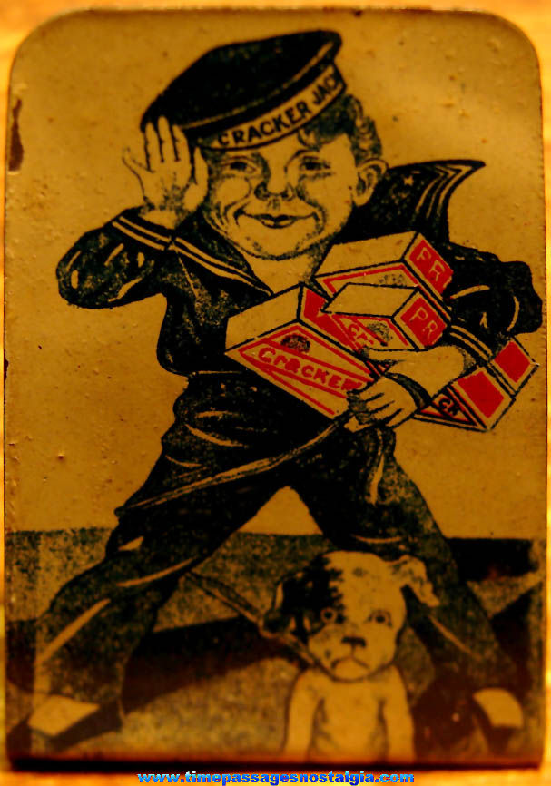 Rare 1910s Cracker Jack Pop Corn Confection Advertising Lithographed Tin Sailor Jack & Bingo Stand Up Toy Prize