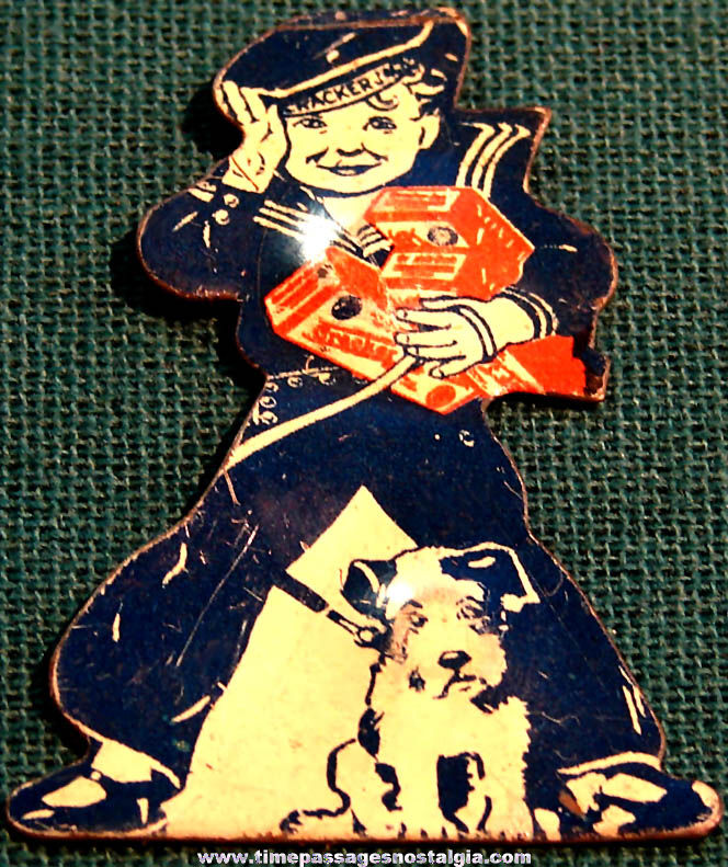 1931 Cracker Jack Pop Corn Confection Advertising Lithographed Tin Sailor Jack & Bingo Toy Prize Tab Button