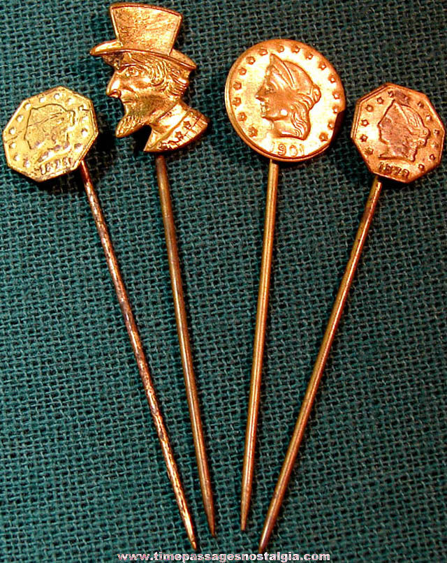 (4) Old Cracker Jack Pop Corn Confection Novelty Metal Toy Prize Jewelry Stick Pins