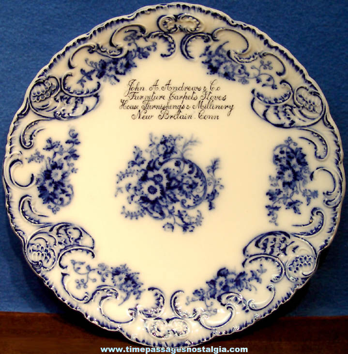Old John A. Andrews & Company New Britain Connecticut Advertising Premium Flow Blue China Plate