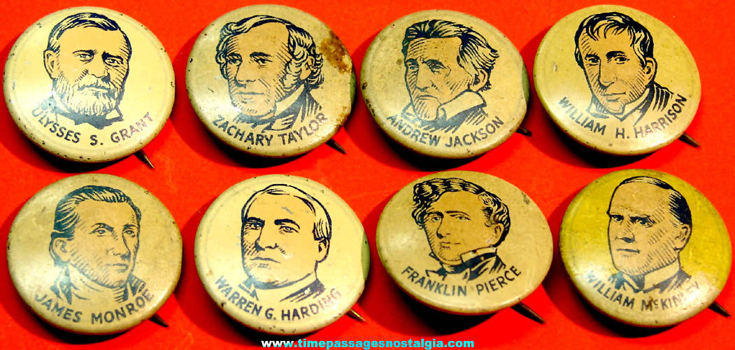 (8) Different 1930s Cracker Jack Pop Corn Confection United States President Tin Pin Back Button Toy Prizes