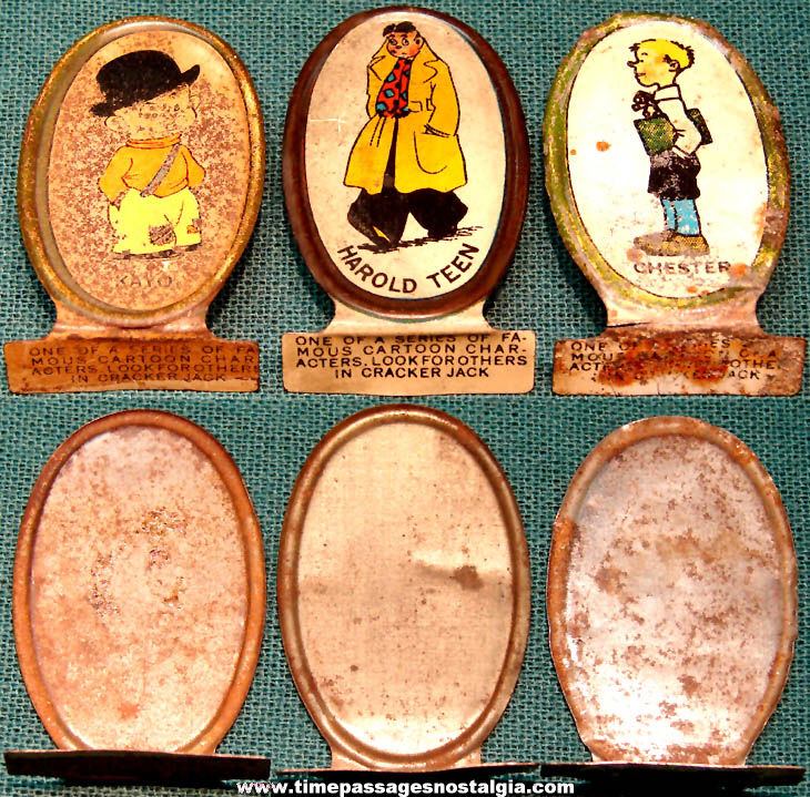 (3) Different 1930s & 1940s Cracker Jack Pop Corn Confection Lithographed Tin Comic Character Stand Up Toy Prizes