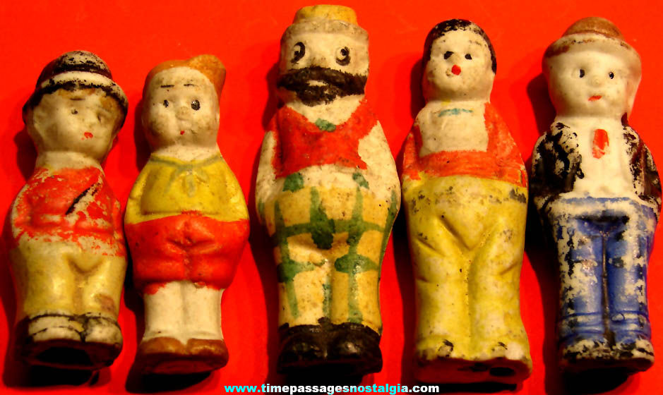 (5) Different 1930s Cracker Jack Pop Corn Confection Porcelain Bisque Comic Character Toy Prize Figures