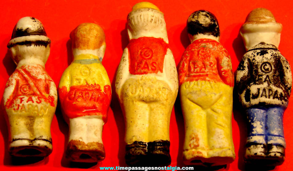 (5) Different 1930s Cracker Jack Pop Corn Confection Porcelain Bisque Comic Character Toy Prize Figures