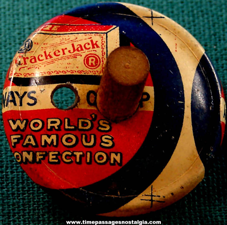 1931 ERROR Cracker Jack Pop Corn Confection Advertising Lithographed Tin Toy Spinner Top Prize