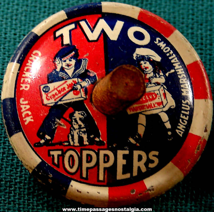 1920s Cracker Jack Pop Corn Confection & Angelus Marshmallows Advertising Lithographed Tin Toy Spinner Top Prize