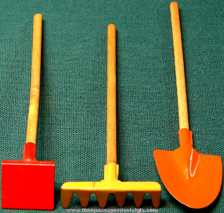 (3) Different 1930s Cracker Jack Pop Corn Confection Toy Prize Tin & Wood Garden Tools