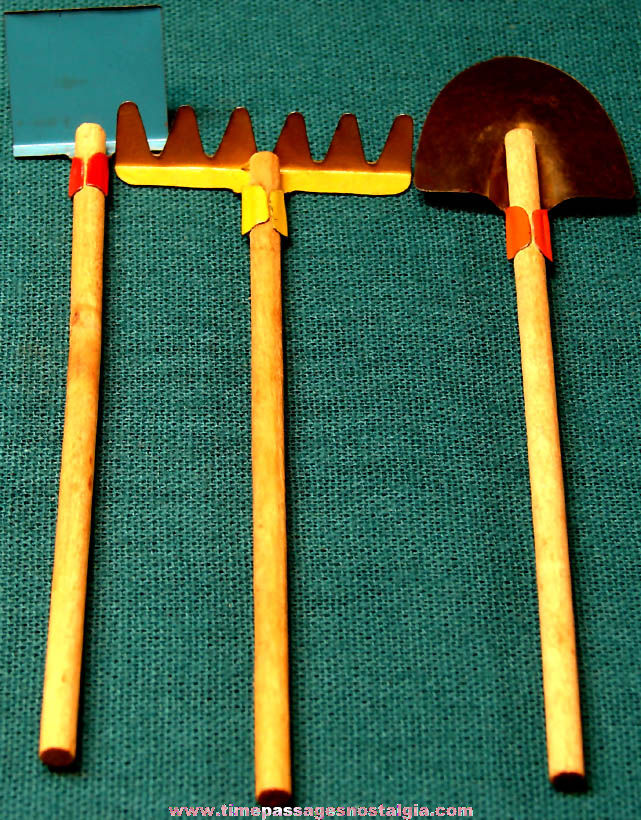 (3) Different 1930s Cracker Jack Pop Corn Confection Toy Prize Tin & Wood Garden Tools