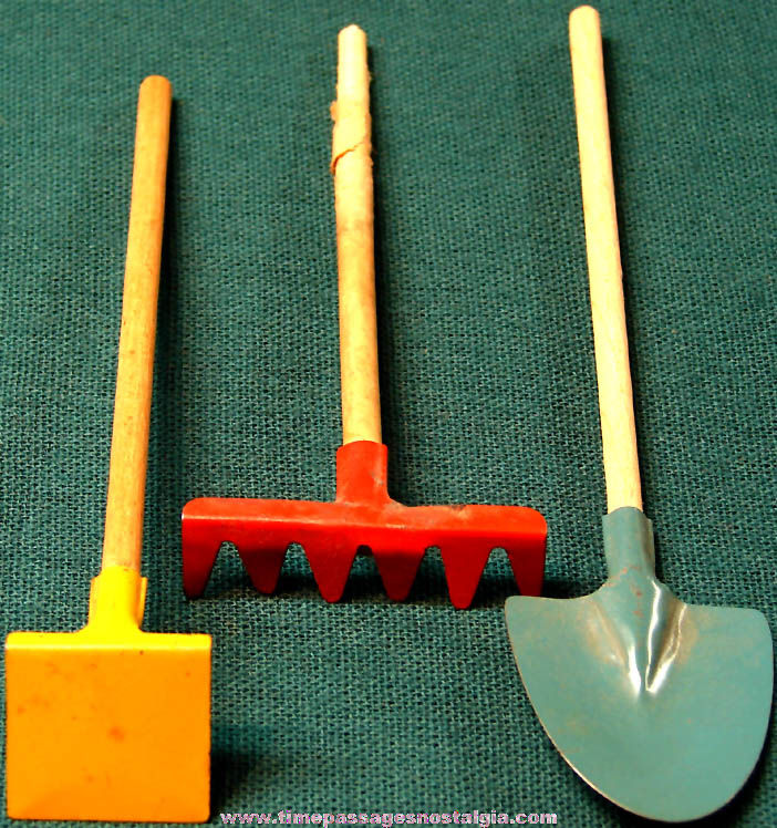 (3) Different 1930s Cracker Jack Pop Corn Confection Toy Prize Tin & Wood Garden Tools