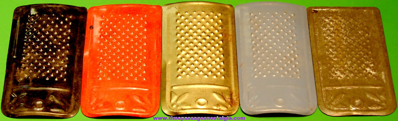 (5) Colorful 1931 Cracker Jack Pop Corn Confection Miniature Embossed Tin Toy Prize Kitchen Graters