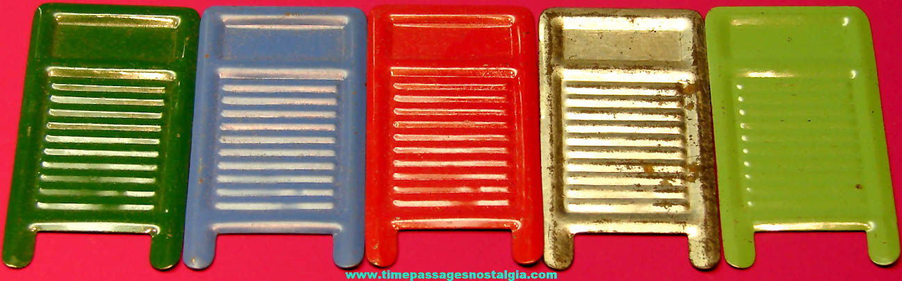 (5) Colorful 1931 Cracker Jack Pop Corn Confection Miniature Embossed Tin Toy Prize Clothing Washboards