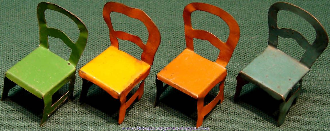 (4) Colorful 1930s Cracker Jack Pop Corn Confection Miniature Tin Toy Prize Chairs