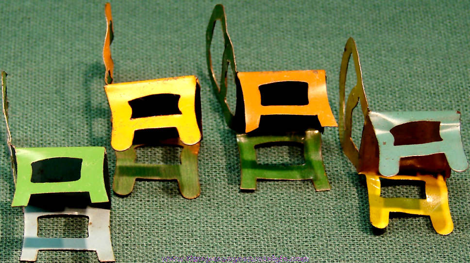 (4) Colorful 1930s Cracker Jack Pop Corn Confection Miniature Tin Toy Prize Chairs