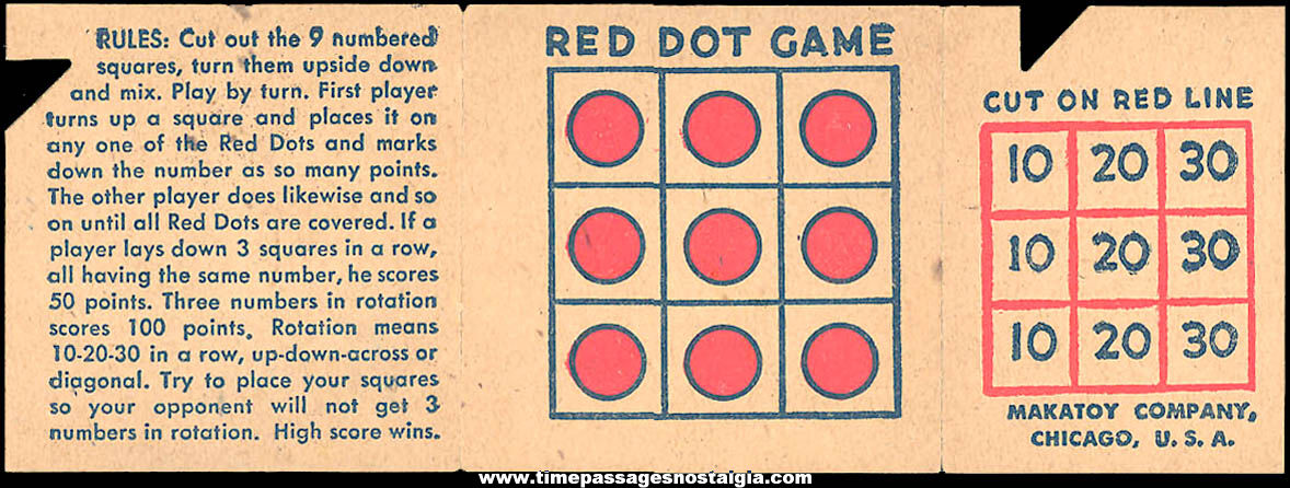 Unused 1947 Cracker Jack Pop Corn Confection Red Dot Game Paper Toy Prize