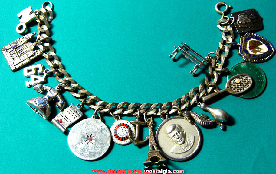 Jewelry Charm Bracelet with a Variety of (17) Old Miniature Sterling Silver Metal Charms