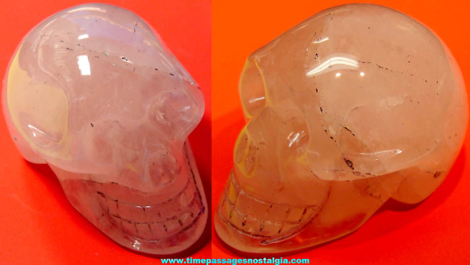 Small Old Pink Rose Quartz Crystal Carved Stone Human Skull