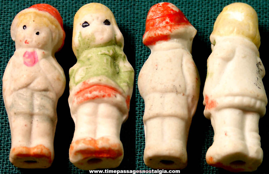 (2) Different 1939 Cracker Jack Pop Corn Confection Painted Porcelain or Bisque Toy Prize Doll Figures