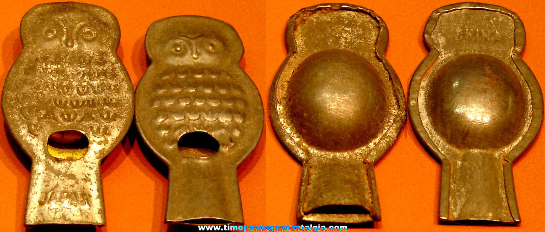 (2) Similar 1920s or 1930s Cracker Jack Pop Corn Confection Embossed Tin Toy Prize Owl Bird Whistles