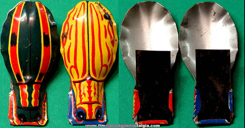 (2) Different Old Cracker Jack Pop Corn Confection Lithographed Tin Toy Prize Insect or Bug Clickers